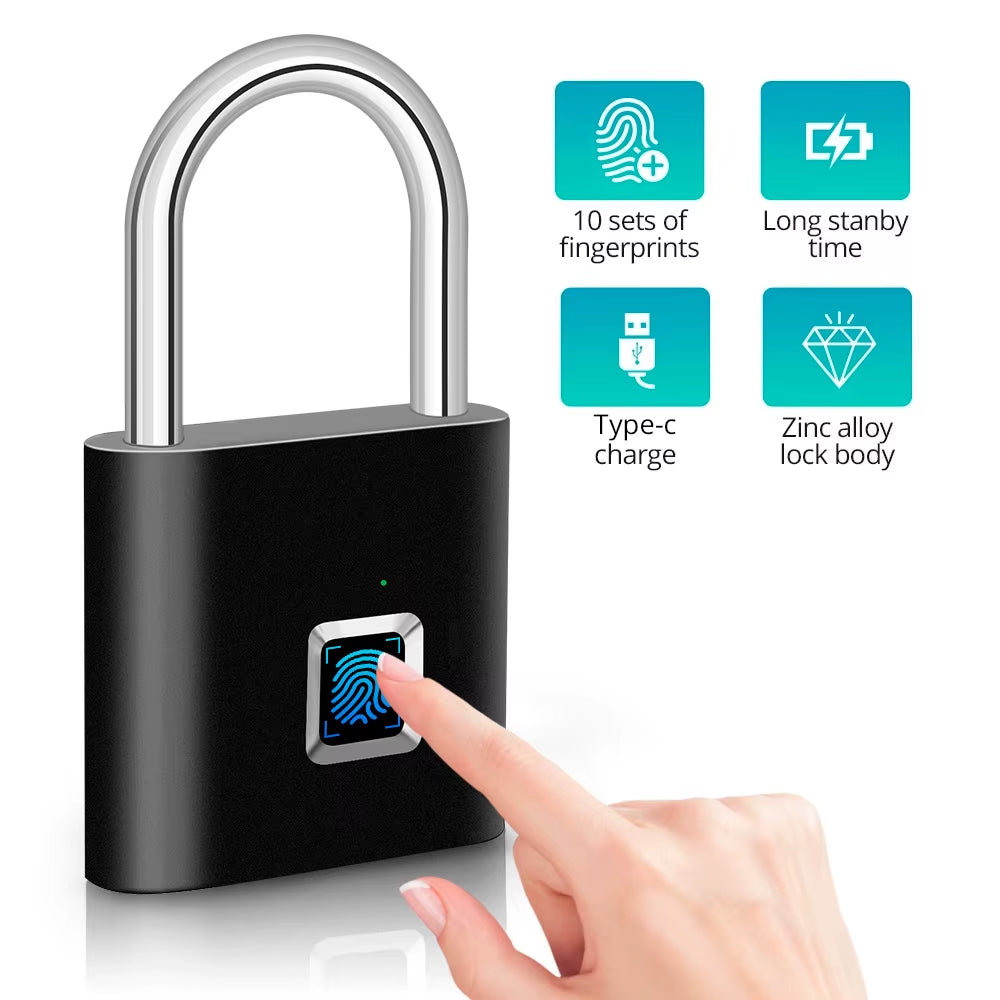 Smart Fingerprint Padlock Waterproof Zinc Alloy Biometric Padlocks with Built-In Rechargeable Battery Door Lock