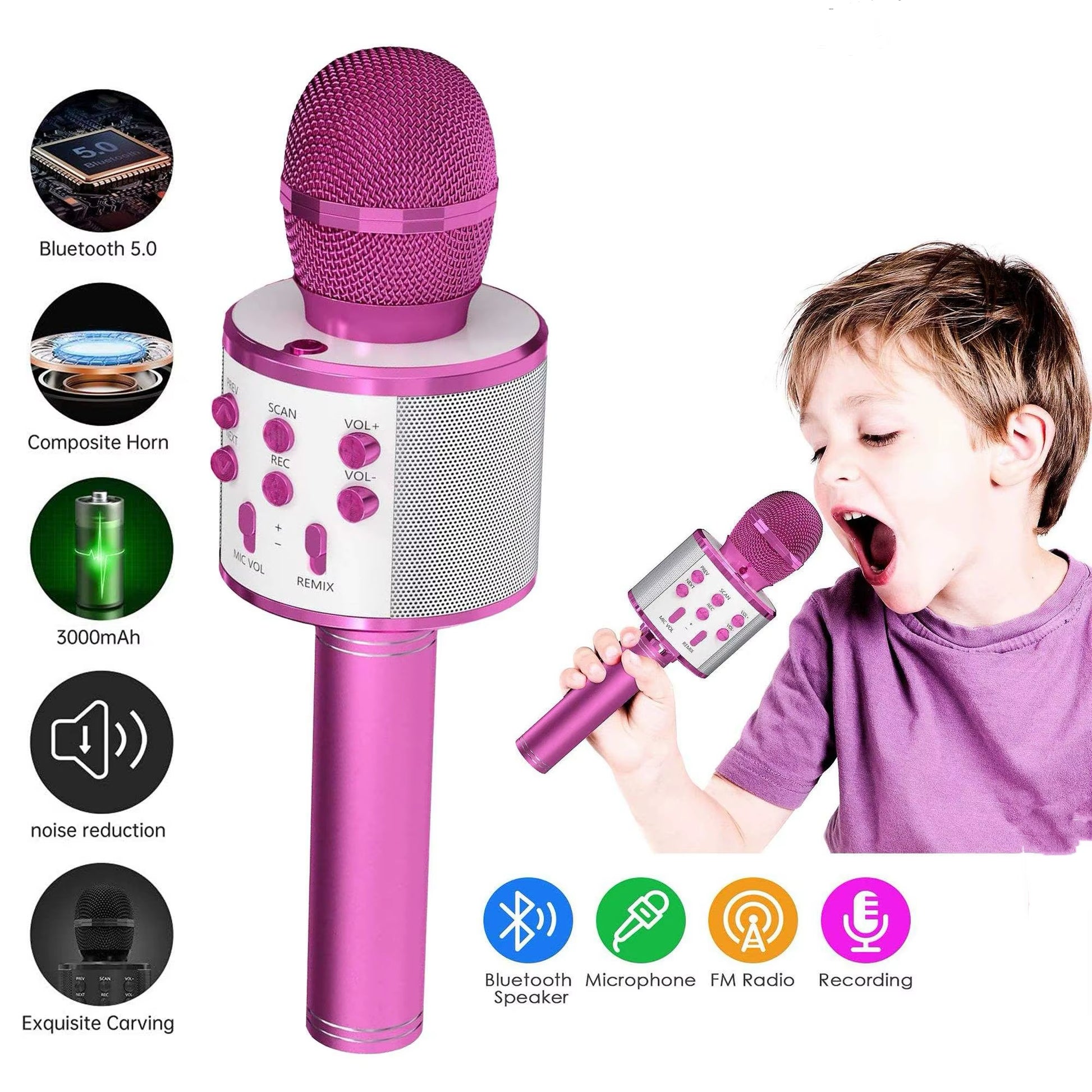 Wireless Bluetooth Karaoke Microphone, 5-In-1 Mic with Built-In Stereo Speaker/4 Voice-Changing Effect, Great Gifts